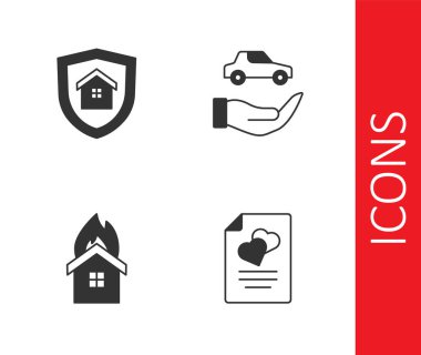 Yanan ev ve araba sigortası ikonu olan bir evlilik sözleşmesi hazırla. Vektör.