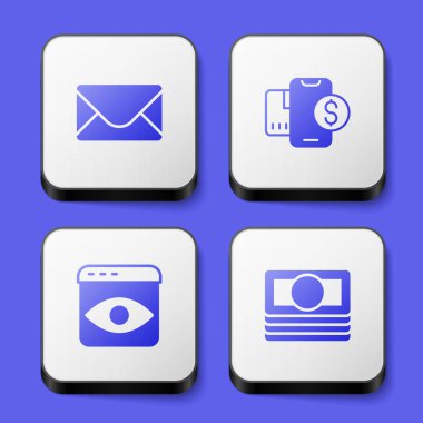 Posta ve e-posta Mobil 'i dolar kişisel bilgi toplama ve kağıt para ikonu ile ayarla. Beyaz kare düğme. Vektör.