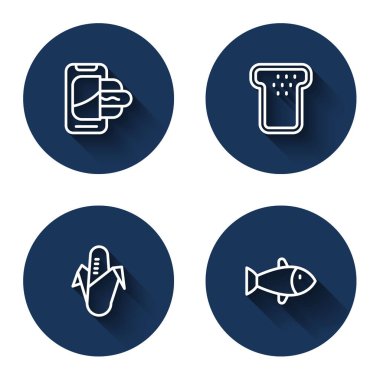 Seyyar ekmekli tost siparişi verin. Mısır ve balık, uzun gölgeli olsun. Mavi daire düğmesi. Vektör.