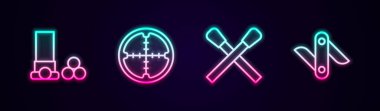 Keskin nişancı gözlüklü mermiler ateşle ve İsviçre çakısıyla kibrit yakıyor. Parlayan neon ikonu. Vektör.