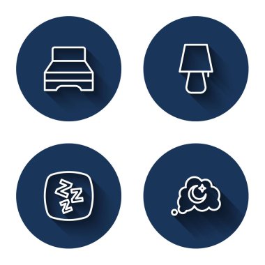 Sırayı Büyük Yatak Masası lambası Uykucu ve Uzun Gölgeli Rüyalar 'a ayarla. Mavi daire düğmesi. Vektör.