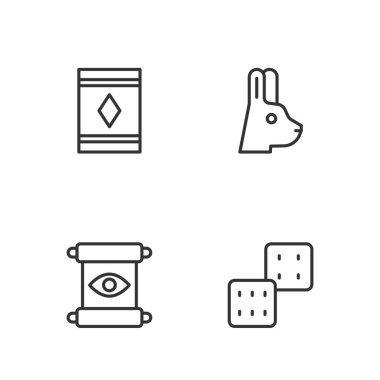 Çizgiyi ayarla. Sihirli zar kaydırma halısı ve kulak ikonlu tavşan. Vektör.