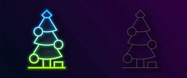 Gloeiende Neon Lijn Kerstboom Met Decoraties Pictogram Geïsoleerd Zwarte Achtergrond — Stockvector