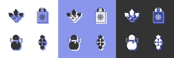 Set Candy Branch Viburnum Χριστούγεννα Χιονάνθρωπος Και Ψώνια Εικονίδιο Τσάντα — Διανυσματικό Αρχείο