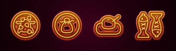 排成一系列宫保鸡旺顿莫奇和伺候鱼盘 发光的霓虹灯图标 — 图库矢量图片