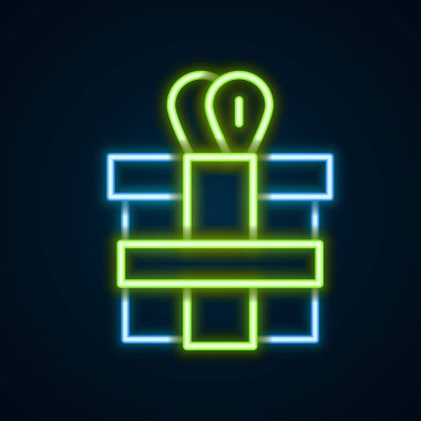 Parlayan neon hattı hediye kutusu simgesi siyah arkaplanda izole edildi. Renkli taslak konsepti. Vektör