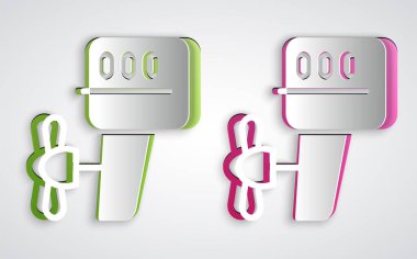 Kağıt kesiği Dış Tekne Motor simgesi gri arka planda izole edildi. Tekne motoru. Kağıt sanatı tarzı. Vektör