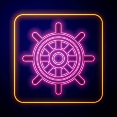 Parlayan neon gemi direksiyon simgesi siyah arkaplanda izole edildi. Vektör