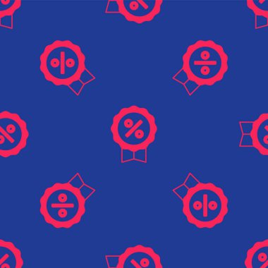 Kırmızı İndirim% simgesi mavi arka planda izole edilmiş kusursuz desen. Etiket alışverişi. Özel teklif işareti. İndirim kuponları sembolü. Vektör