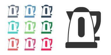 Beyaz arkaplanda siyah elektrikli su ısıtıcısı simgesi izole edildi. Çaydanlık ikonu. Simgeleri renklendirin. Vektör