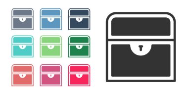 Beyaz arka planda siyah antika hazine sandığı ikonu var. Altın sikkeli klasik tahta sandık. Simgeleri renklendirin. Vektör