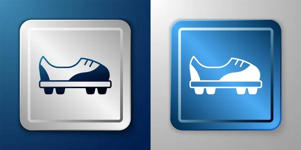 白色足球鞋的图标孤立在蓝色和灰色背景 足球靴 运动足部保护 银蓝色正方形按钮 — 图库矢量图片