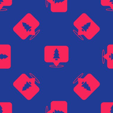 Kırmızı Noel ağacı ikonu mavi arka planda izole edilmiş kusursuz desen. Mutlu Noeller ve mutlu yıllar. Vektör