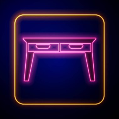 Parlayan neon ofis masa simgesi siyah arkaplanda izole edildi. Vektör