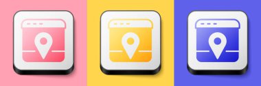 Isometric Infographic of city map navigation icon isolated on pink, yellow and blue background. Mobile App Interface concept design. Geolacation concept. Square button. Vector