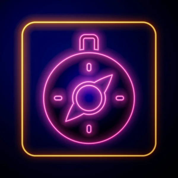 Glödande Neon Kompass Ikon Isolerad Svart Bakgrund Windrose Navigeringssymbol Vindrosa — Stock vektor