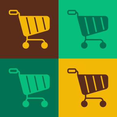 Pop sanat alışveriş arabası simgesi renk arkaplanda izole edilmiş. İnternetten satın alma konsepti. Servis tabelası. Süpermarket sepeti sembolü. Vektör