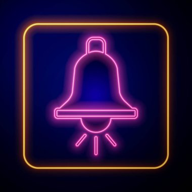 Parlayan neon çalan alarm zili simgesi siyah arkaplanda izole edildi. Yangın alarmı. Servis zili, el zili işareti, uyarı sembolü. Vektör