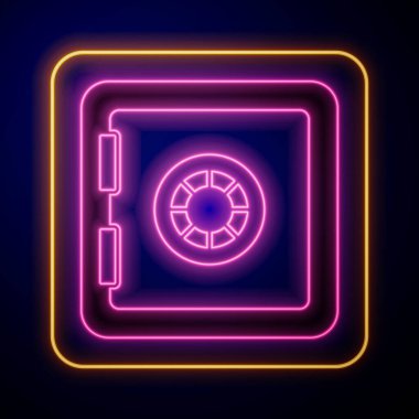 Parlayan neon kasa simgesi siyah arkaplanda izole edildi. Kapı, şifreli bir banka kasası. Güvenilir Veri Koruma. Vektör