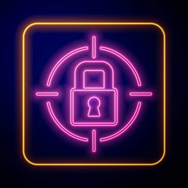 Świecący Neon Lock Ikona Izolowana Czarnym Tle Znak Kłódki Bezpieczeństwo — Wektor stockowy
