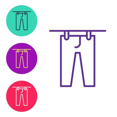 Set line Drying clothes icon isolated on white background. Clean pants. Wash clothes on a rope with clothespins. Clothing care and tidiness. Set icons colorful. Vector