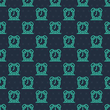 Yeşil çizgi alarm simgesi mavi arkaplanda izole edilmiş pürüzsüz desen. Uyan, kalk konsepti. Zaman işareti. Vektör