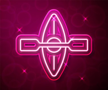 Parlayan neon hattı kano ve kürek ikonu kırmızı arkaplanda izole edildi. Balıkçılık ve turizm için kano. Açık hava aktiviteleri. Vektör