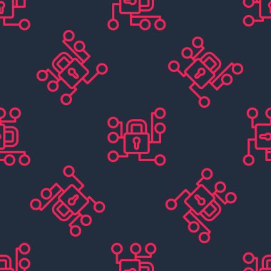 Kırmızı çizgi siber güvenlik ikonu siyah arkaplanda kusursuz desen izole etti. Dijital devre kartında kapalı asma kilit. Güvenlik kavramı. Dijital veri koruması. Vektör