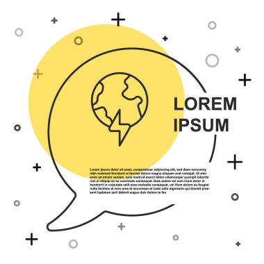 Siyah çizgi Küresel Enerji Gücü Gezegeni. Beyaz zemin üzerinde yıldırım simgesi izole edilmiş. Ekoloji konsepti ve çevre. Rastgele dinamik şekiller. Vektör