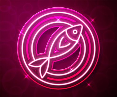 Parlayan neon hattı kırmızı arka planda kurutulmuş balık ikonu izole edildi. Vektör