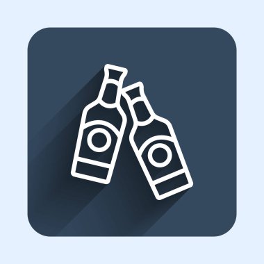 White line Beer bottle icon isolated with long shadow background. Blue square button. Vector