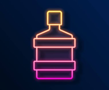 Parlayan neon hattı. Siyah zemin üzerinde temiz su ikonu olan büyük şişe. Soğutucu için plastik kap. Vektör