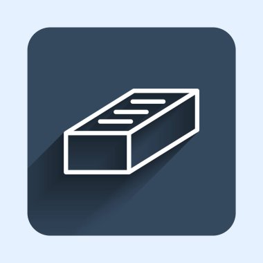 Beyaz çizgi Brick simgesi uzun gölge arkaplan izole. Mavi kare düğme. Vektör