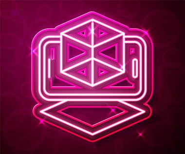 Parlayan neon hattı 3D modelleme simgesi kırmızı arkaplanda izole edildi. Artırılmış gerçeklik mi yoksa sanal gerçeklik mi? Vektör