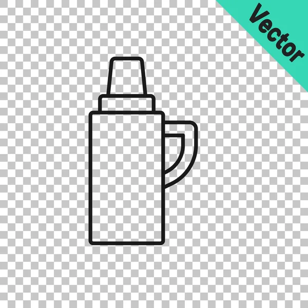 Black Line Thermos Container Icon Isolated Transparent Background Thermo Flask — Stock Vector