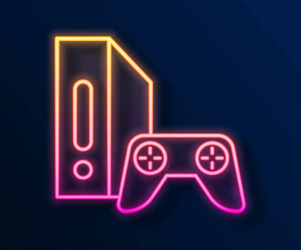 stock vector Glowing neon line Video game console with joystick icon isolated on black background.  Vector