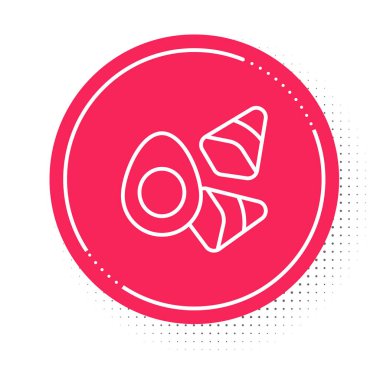 Beyaz çizgili tavuk yumurtası ve beyaz arka planda izole edilmiş sebze ikonu. Kırmızı daire düğmesi. Vektör