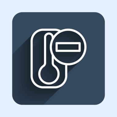 Beyaz çizgi Meteoroloji termometresi ısıyı ve soğuk ikonu uzun gölge arkaplanı ile izole ediyor. Termometre termometresi sıcak ya da soğuk hava gösteriyor. Mavi kare düğme. Vektör