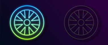 Siyah arkaplanda izole edilmiş araba simgesi için parlayan neon hat alloy tekerleği. Vektör