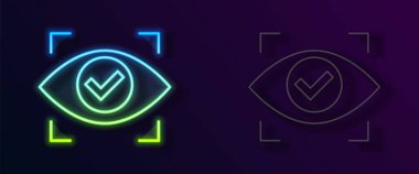 Parlayan neon çizgisi göz tarama simgesi siyah arkaplanda izole edildi. Göz taraması yapılıyor. Güvenlik kontrol sembolü. Siber göz işareti. Vektör