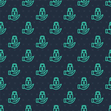 Yeşil Hat Kilit simgesi mavi arkaplanda izole edilmiş kusursuz desen. Asma kilit işareti. Güvenlik, güvenlik, koruma, gizlilik kavramı. Vektör