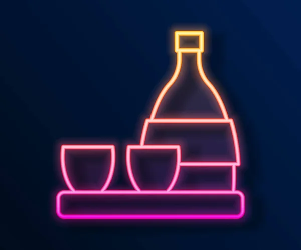 Leuchtende Leuchtschrift Sake Flasche Kleine Tasse Sake Symbol Auf Schwarzem — Stockvektor