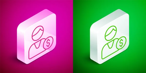 Isometric Line Buyer Icon Isolated Pink Green Background Silver Square — Stock Vector