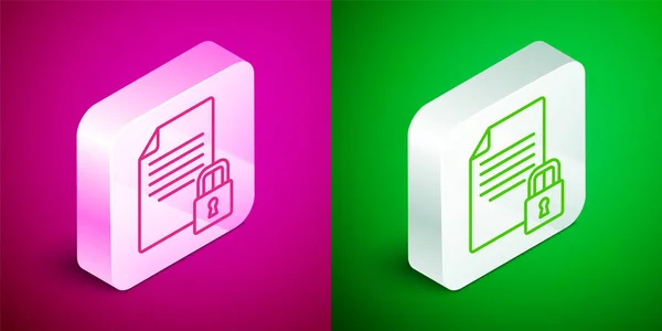 Ισομετρική Γραμμή Έγγραφο Και Κλειδαριά Εικονίδιο Απομονώνονται Ροζ Και Πράσινο — Διανυσματικό Αρχείο