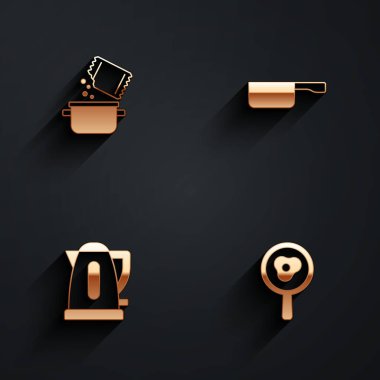 Kızartma tenceresi ve baharat, kızartma tavası, elektrikli su ısıtıcısı ve uzun gölgeli kızarmış yumurta hazırla. Vektör