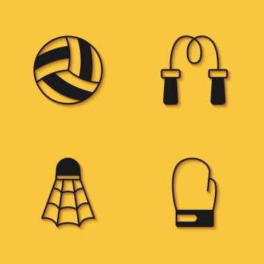 Voleybol, boks eldiveni, Badminton mekiği ve uzun gölgeli ip ikonu hazırla. Vektör