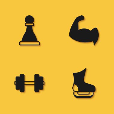 Set Chess, Skates, Dumbbell ve BodyBuilder uzun gölgeli kas ikonunu gösteriyor. Vektör