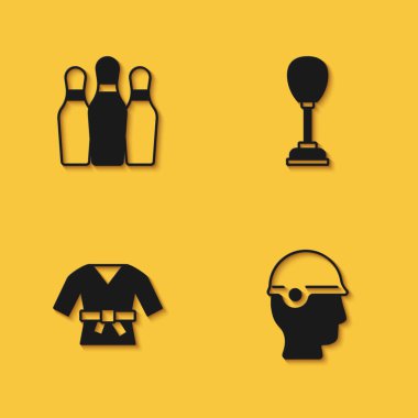 Bowling pimi, beysbol kaskı, Kimono ve uzun gölgeli kum torbası ikonu. Vektör