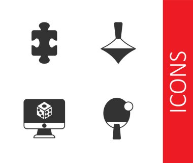 Raket, Bulmaca parçaları, zar oyunu ve Whirligig ikonu. Vektör