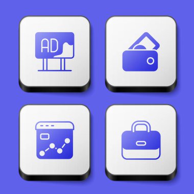 Reklamcılık, cüzdan, piyasa analizi ve evrak çantası simgesi. Beyaz kare düğme. Vektör